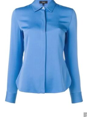 Theory Light Blue Long-Sleeve Button-Front Blouse. XL. Silk/elastane